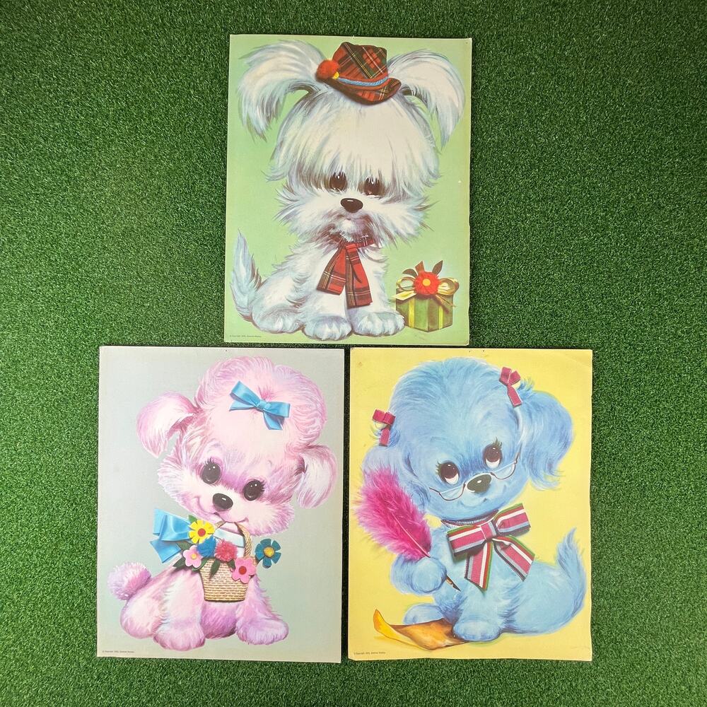 Vintage 1970 Lot of 3 Colonial Studios Frameable Kitsch Puppy Dog Print 11"x14"